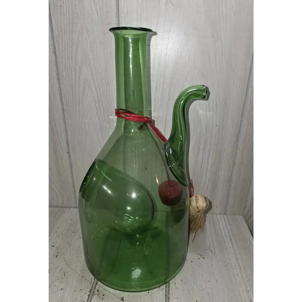 Vintage Hand Blown Italian Green Glass Wine Decanter With Ice Chamber New
